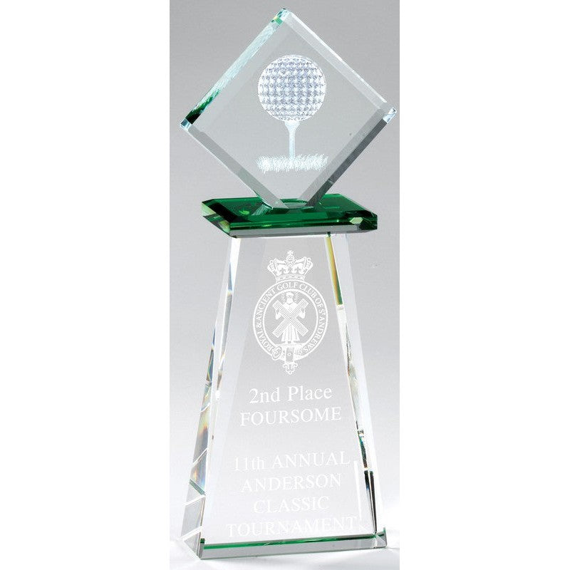 3-D Golf Ball on T etched on Award with Green Accents